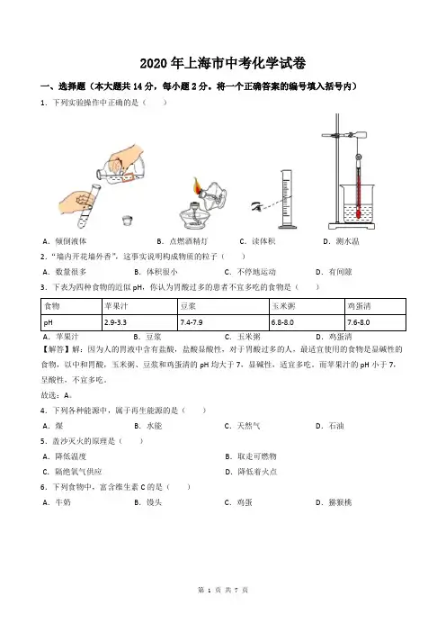 2020年上海市中考化学试卷解析版