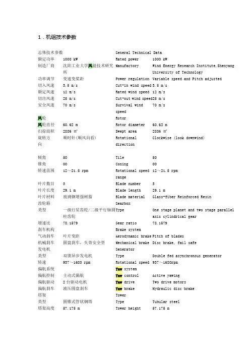 风力发电机用专业英语中文对照
