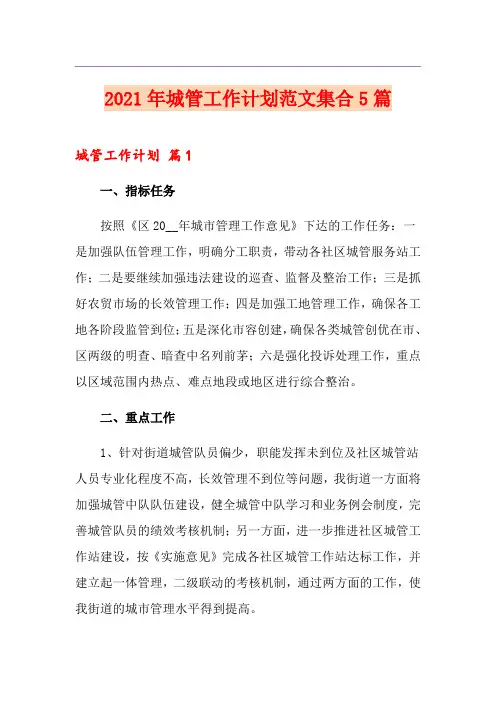 2021年城管工作计划范文集合5篇