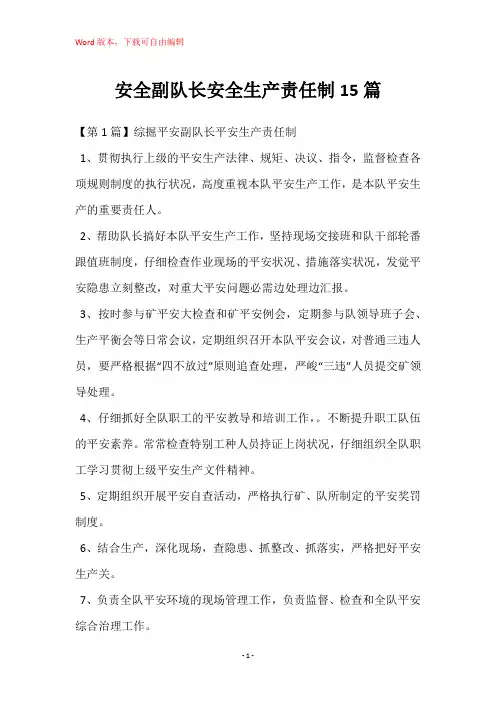 安全副队长安全生产责任制15篇