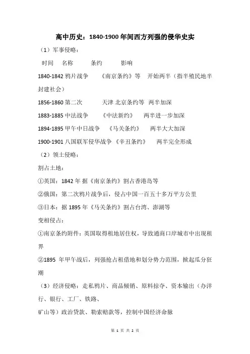 高中历史：1840-1900年间西方列强的侵华史实