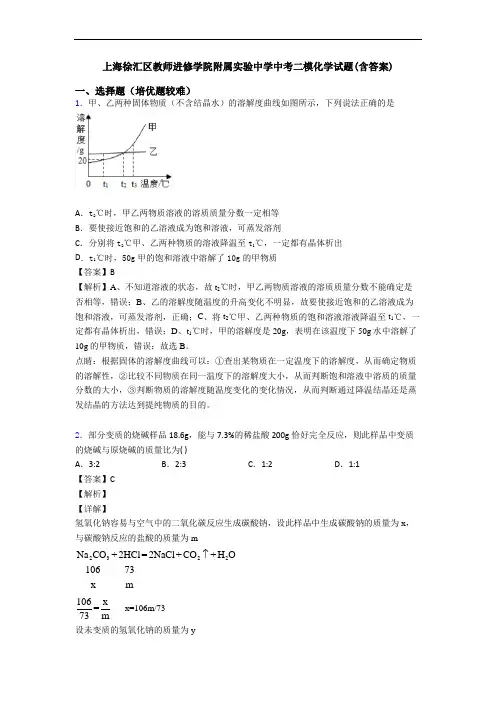 上海徐汇区教师进修学院附属实验中学中考二模化学试题(含答案)