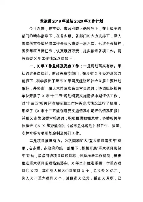 发改委2019年总结2020年工作计划