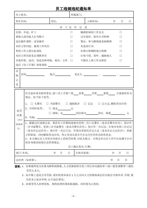 员工违规违纪通知单