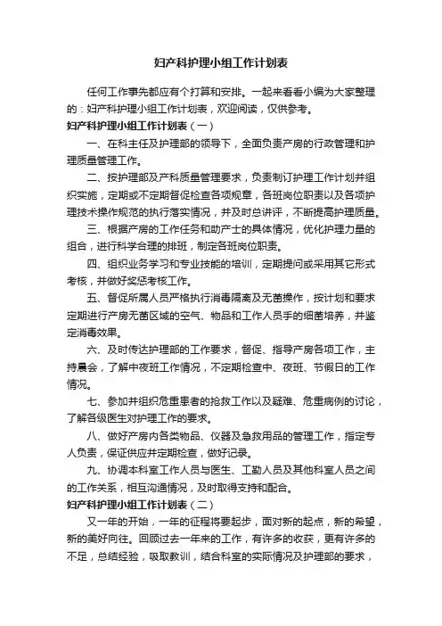 妇产科护理小组工作计划表