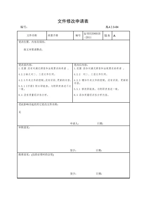 文件修改申请表