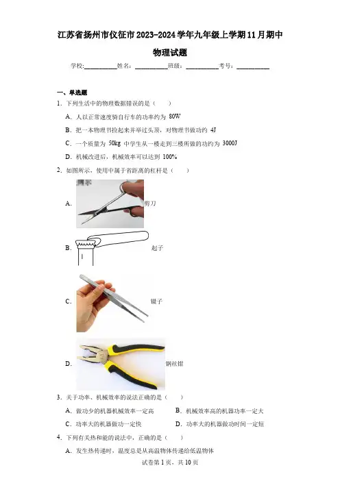 江苏省扬州市仪征市2023-2024学年九年级上学期11月期中物理试题