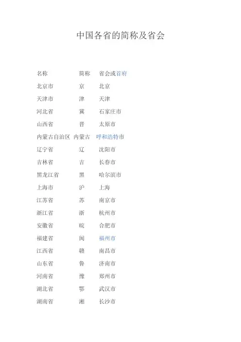 中国各省的简称及省会