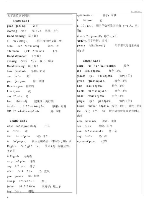 新版人教版七年级全册英语单词表(含音标).doc