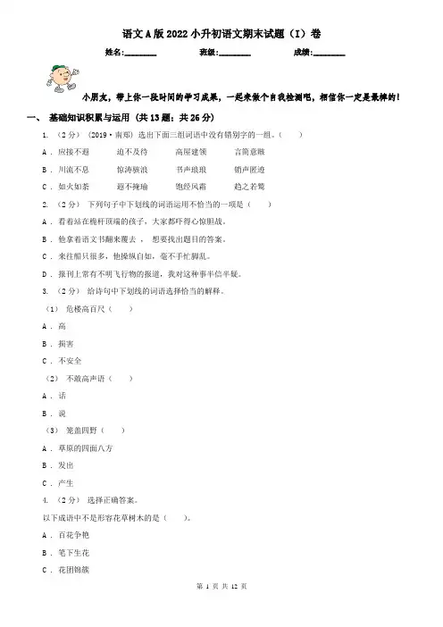 语文A版2022小升初语文期末试题（I）卷