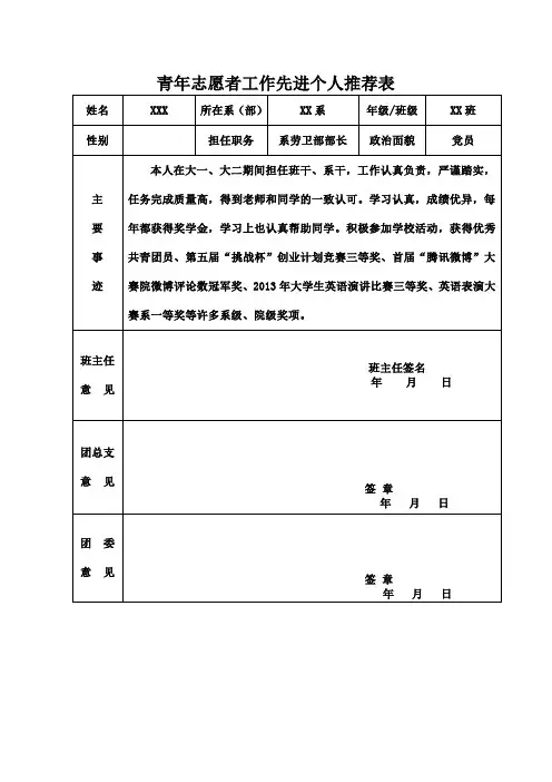 青年志愿者工作先进个人推荐表