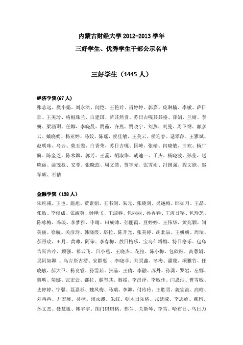 内蒙古财经大学2012-2013学年三好学生,优秀学生干部公示名单doc