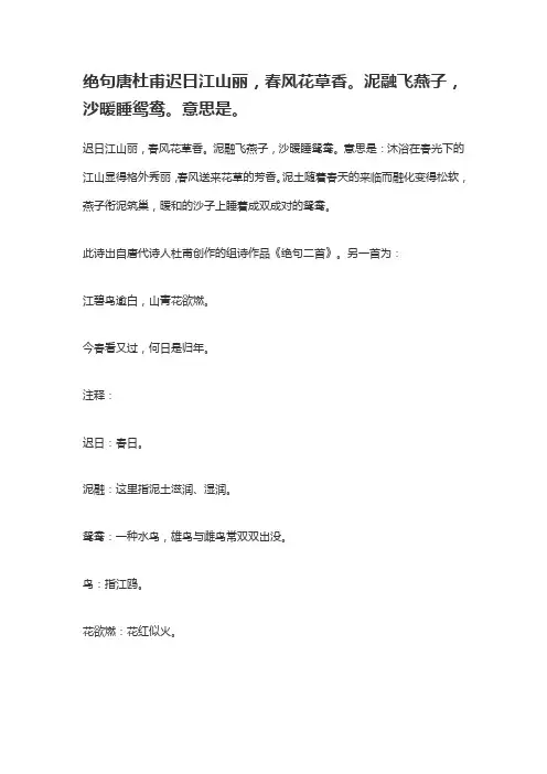 绝句唐杜甫迟日江山丽春风花草香泥润飞燕子沙暖睡鸳鸯意思
