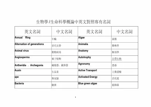 生物学生命科学概论中英文对照专有名词.