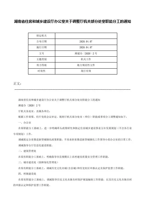 湖南省住房和城乡建设厅办公室关于调整厅机关部分处室职能分工的通知-湘建办〔2020〕2号
