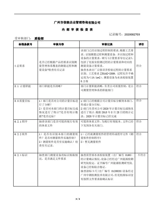 iso10012测量管理体系内部审核检查表-质检部