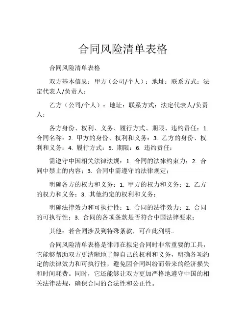 合同风险清单表格
