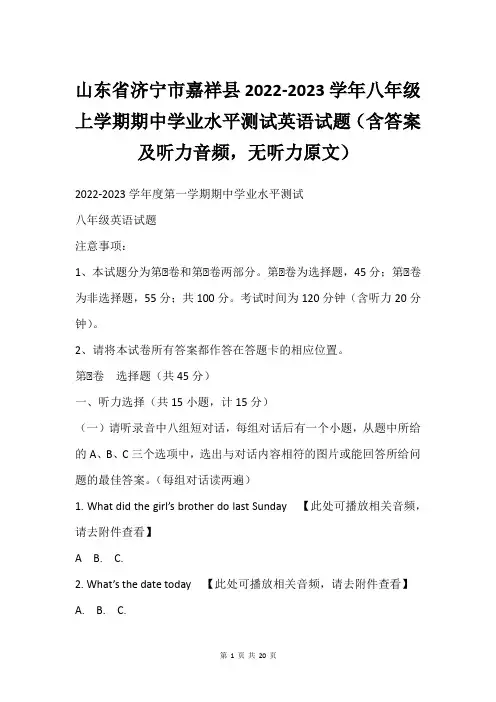山东省济宁市嘉祥县2022-2023学年八年级上学期期中学业水平测试英语试题(含答案及听力音频,无听
