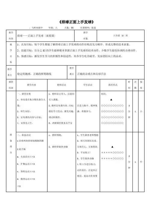 排球原地正面上手发球教案 (2)