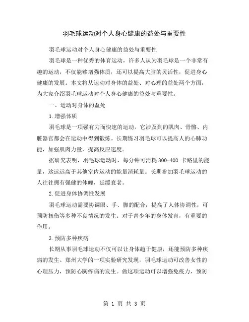 羽毛球运动对个人身心健康的益处与重要性