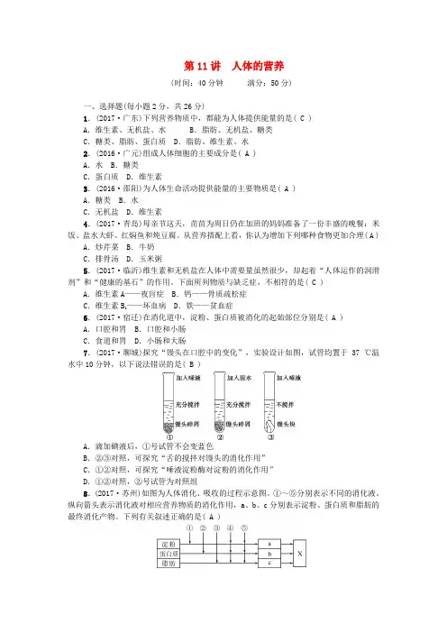 2018届中考生物第11讲人体的营养复习练习