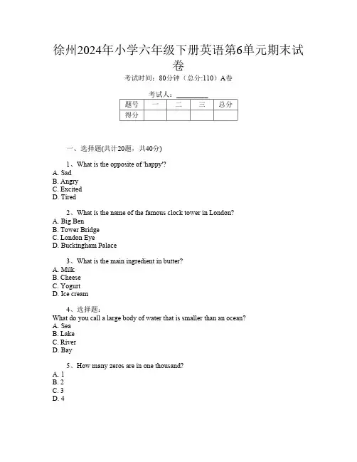 徐州2024年小学六年级下册第3次英语第6单元期末试卷