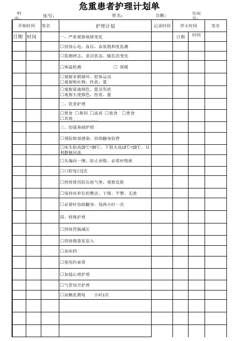危重患者护理计划单