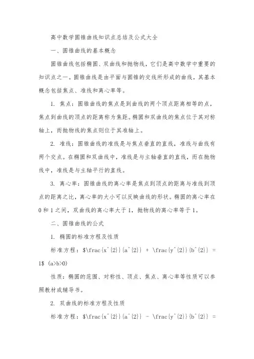 高中数学圆锥曲线知识点总结及公式大全