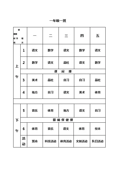 2014-2015学年度中心小学各班课程表