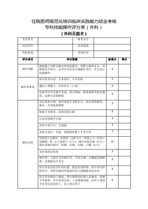 住院医师规范化培训临床实践能力结业考核专科技能操作评分表(外科)外科无菌术