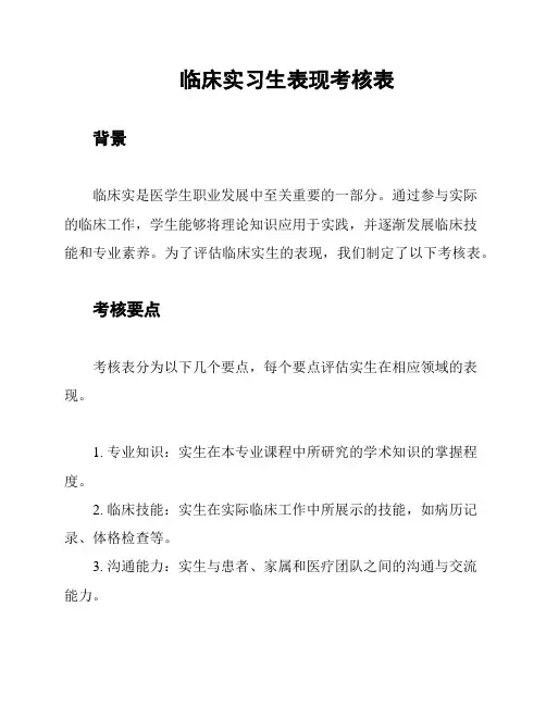临床实习生表现考核表