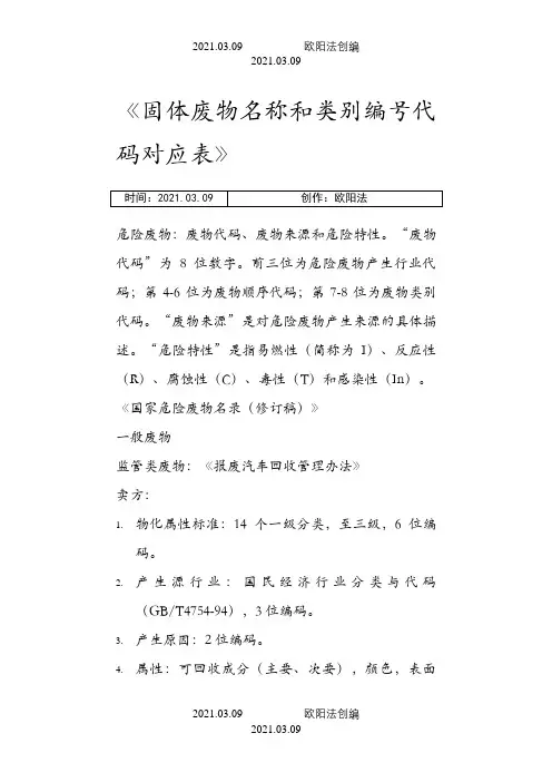 固体废物名称和类别编号代码对应表之欧阳法创编