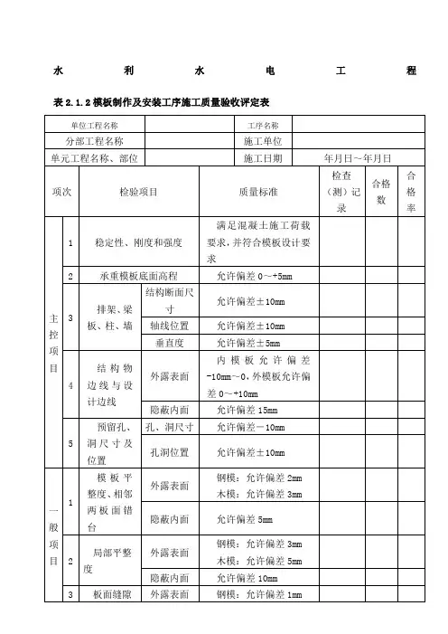 表制作及安装工序施工质量验收评定表