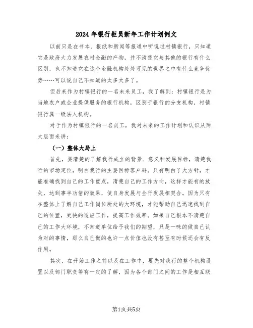 2024年银行柜员新年工作计划例文(二篇)