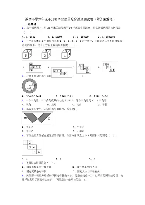 数学小学六年级小升初毕业质量综合试题测试卷(附答案解 析)