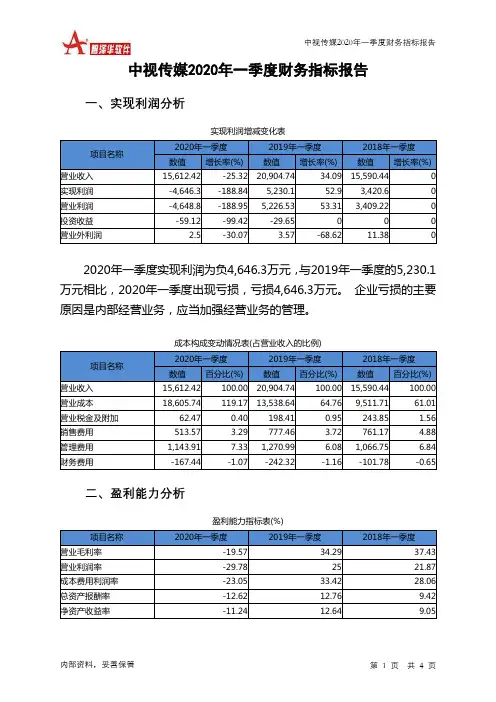 中视传媒2020年一季度财务指标报告