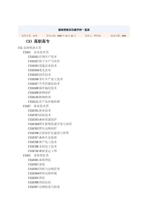 高校教师资格证任教学科一览表