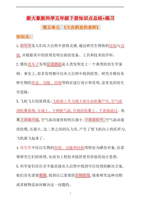 新大象版科学五年级下册第五单元+反思单元知识点总结+练习