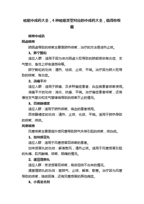 咳嗽中成药大全，4种咳嗽类型对应的中成药大全，值得你收藏