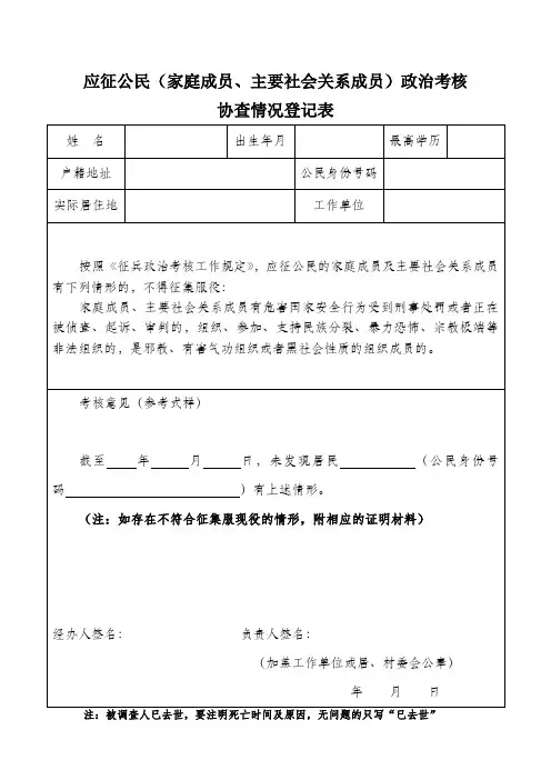 应征公民(家庭成员、主要社会关系成员)政治考核协查情况登记表