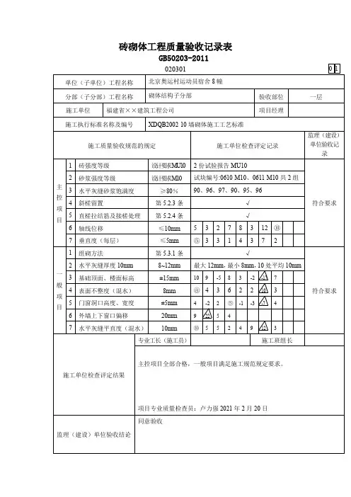 砖砌体工程质量验收记录表