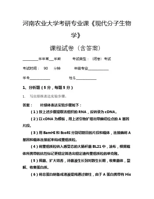 河南农业大学考研专业课《现代分子生物学》考试试卷(2975)