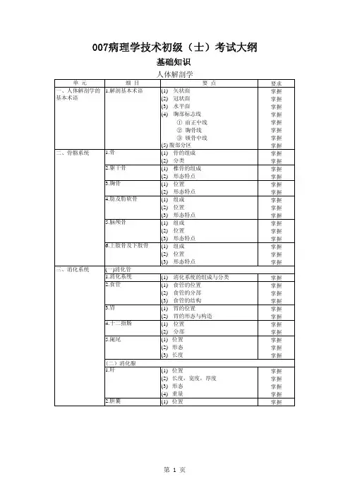007病理学技术考试大纲(初级士)-2009
