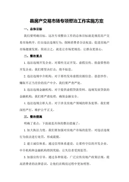 XX县房产交易市场专项整治工作实施方案