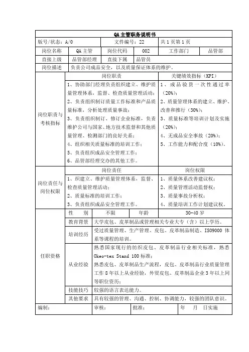皮具公司QA主管职务说明书