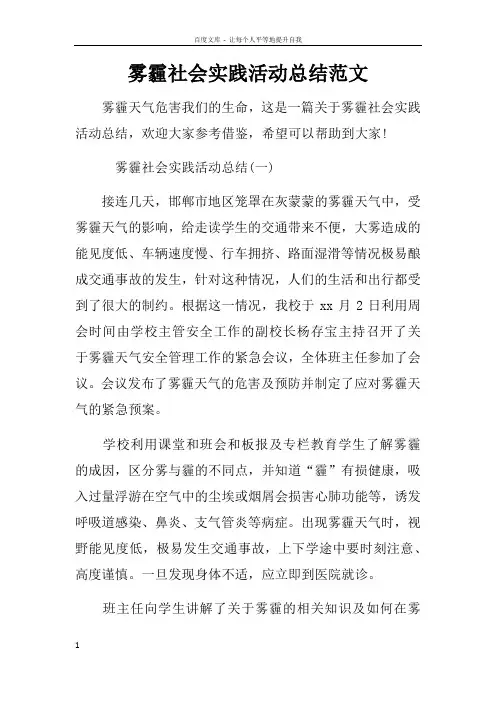 雾霾社会实践活动总结范文