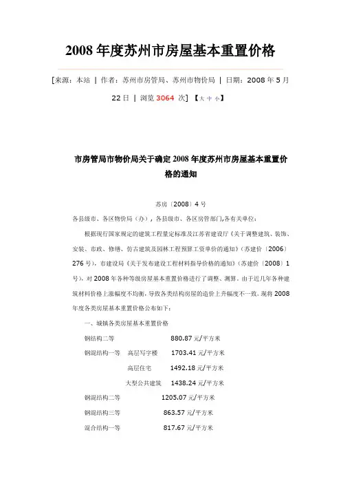 2008年度苏州市房屋基本重置价格