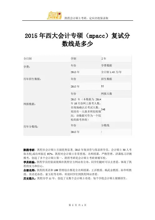 2015年西大会计专硕(mpacc)复试分数线是多少