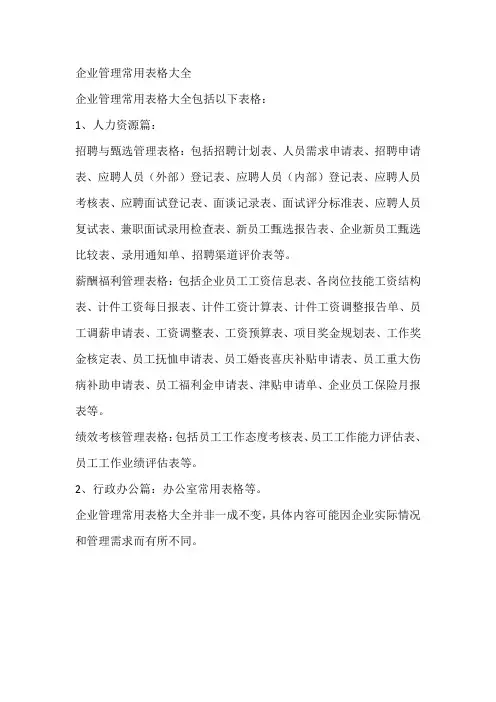 企业管理常用表格大全