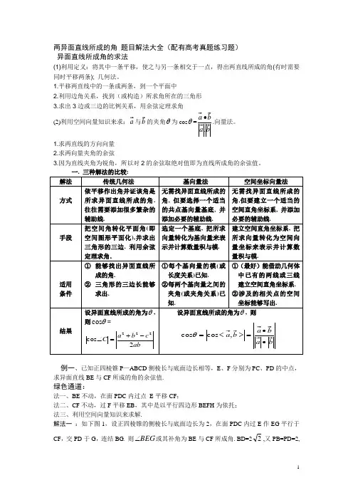 两异面直线所成的角 题目解法大全